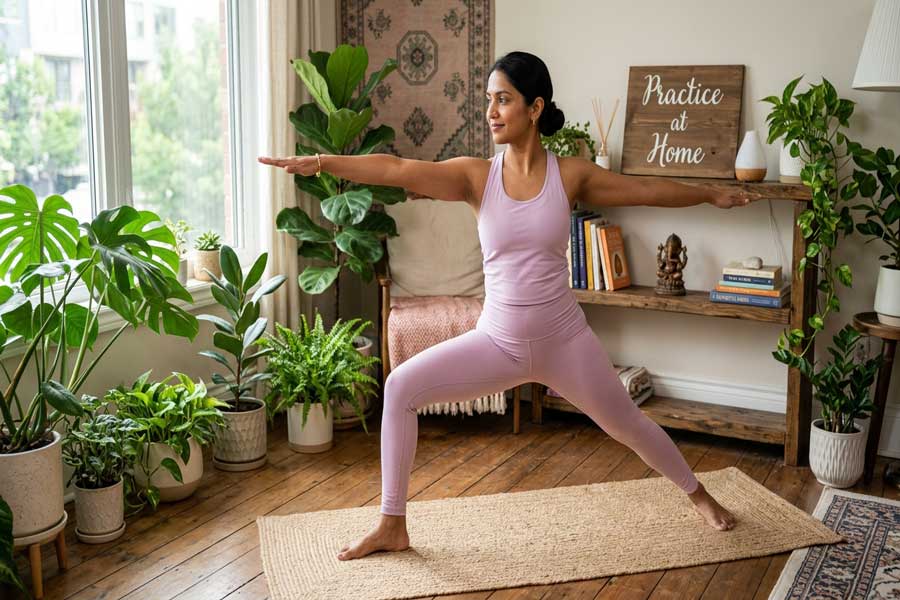 woman doing yoga flow at home